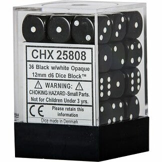 CHX 25808 Black/White Opaque 12mm d6 Dice Block (36 Dice)