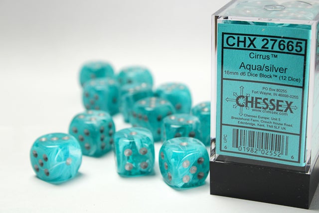 CHX 27665 Aqua/Silver Cirrus 16mm d6 Dice Block (12 Dice)