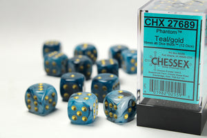 CHX 27689 Teal/Gold Phantom 16mm d6 Dice Block (12 Dice)