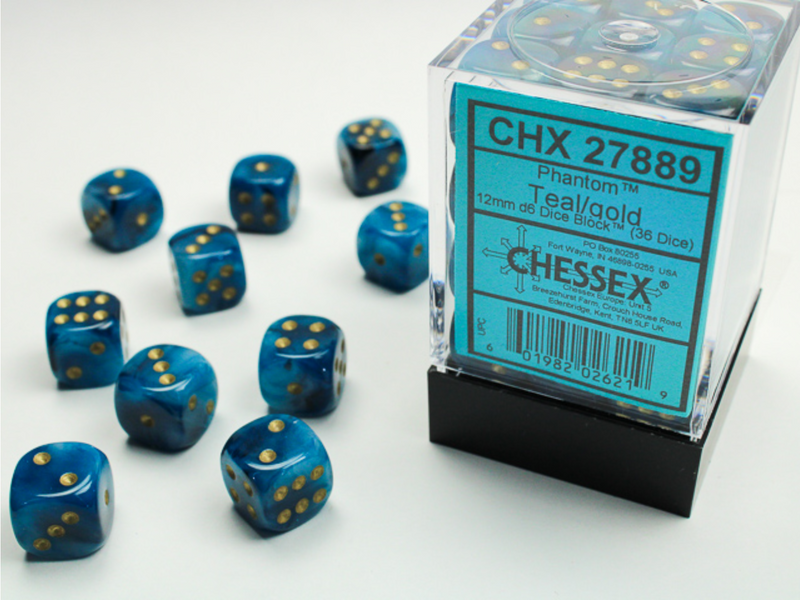 CHX 27889 Teal/Gold 12mm d6 Dice Block (36 Dice)