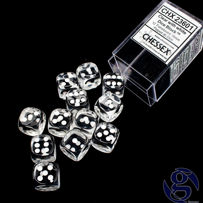 CHX 23601 Clear/White Translucent 16mm d6 Dice Block (12 Dice)