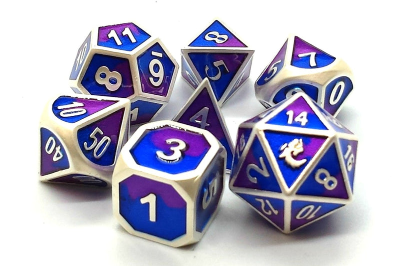 OSDMTL-25 Dragon Forged Platinum Purple & Blue Polyhedral 7 Die Set