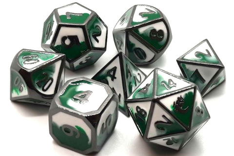 OSDMTL-53 Dragon Forged Green & White w/ Black Nickel Polyhedral 7 Die Set
