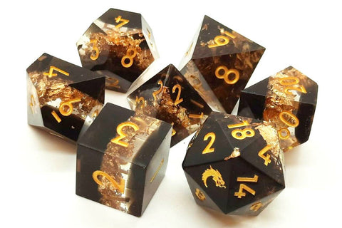 OSDSHP-07 Old School 7 Piece DnD RPG Dice Set: Sharp Edged - Gold Vein