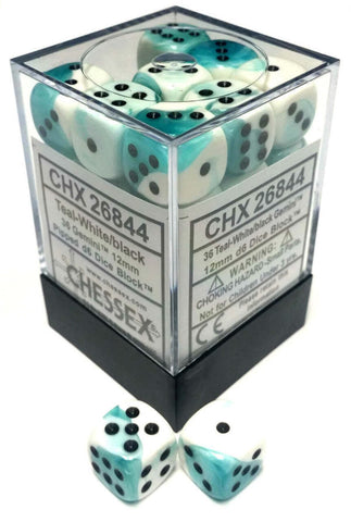 CHX 26844 Teal White/Black Gemini 12mm d6 Dice Block (36 Dice)