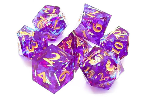 OSDSHP-13 Old School 7 Piece DnD RPG Dice Set: Sharp Edged - Amethyst Blast