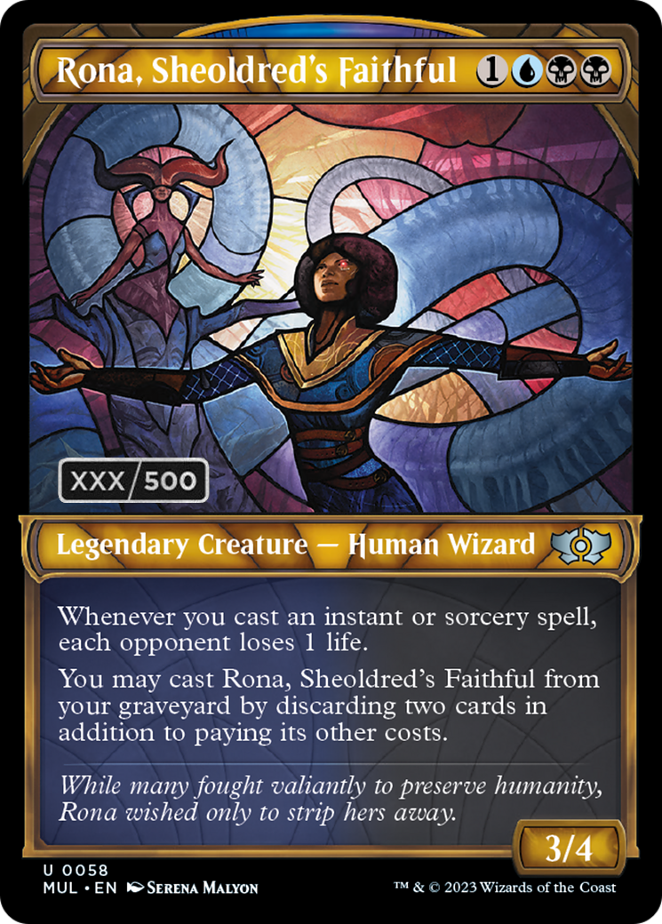 mtg serialized card Rona, Sheoldred's Faithful (Serialized) [Multiverse Legends]