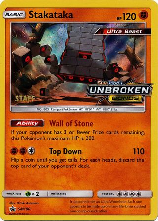 staff pokemon cards Stakataka (SM180) (Staff Prerelease Promo) [Sun & Moon: Black Star Pro