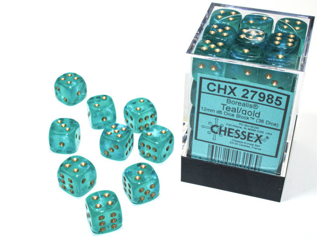 CHX 27985 Teal/Gold Borealis 12mm d6 Dice Block (36 Dice)