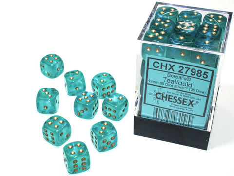 CHX 27985 Teal/Gold Borealis 12mm d6 Dice Block (36 Dice)