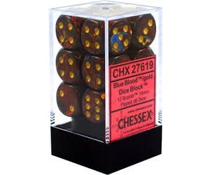 CHX 27619 Scarab Blue Blood/Gold 16mm d6 Dice Block (12 Dice)