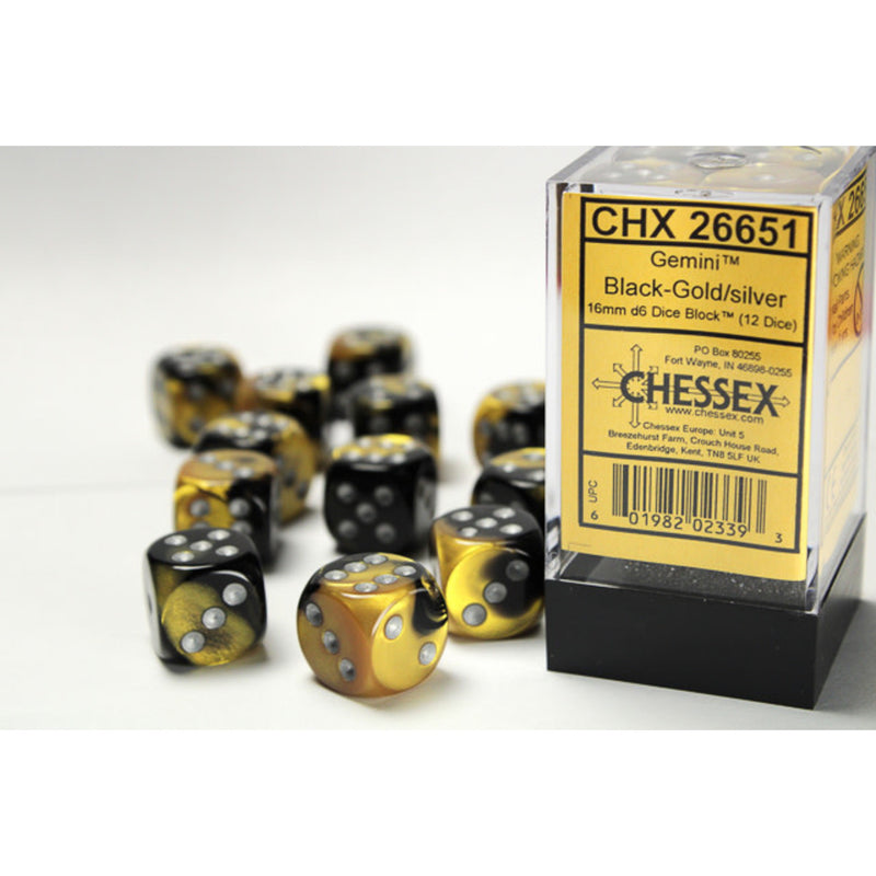 CHX 26651 Black Gold/Silver Gemini 16mm d6 Dice Block (12 Dice)