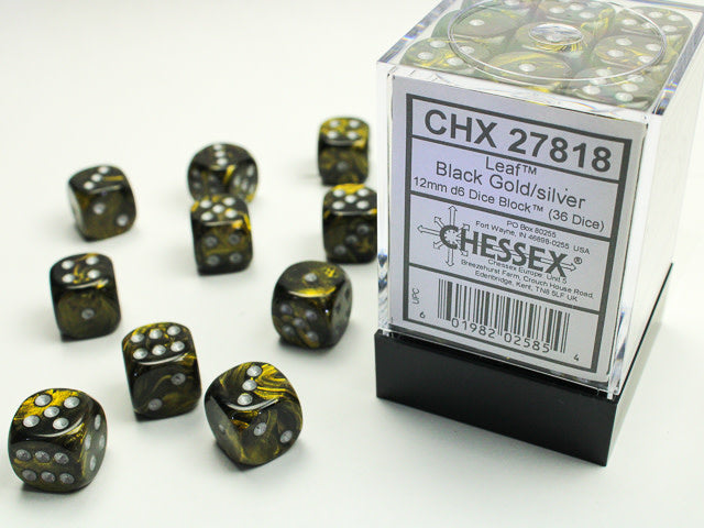 CHX 27818 Black Gold/Silver Leaf 12mm d6 Dice Block (36 Dice)