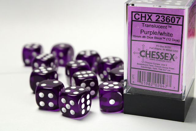 CHX 23607 Purple/White Translucent 16mm d6 Dice Block (12 Dice)