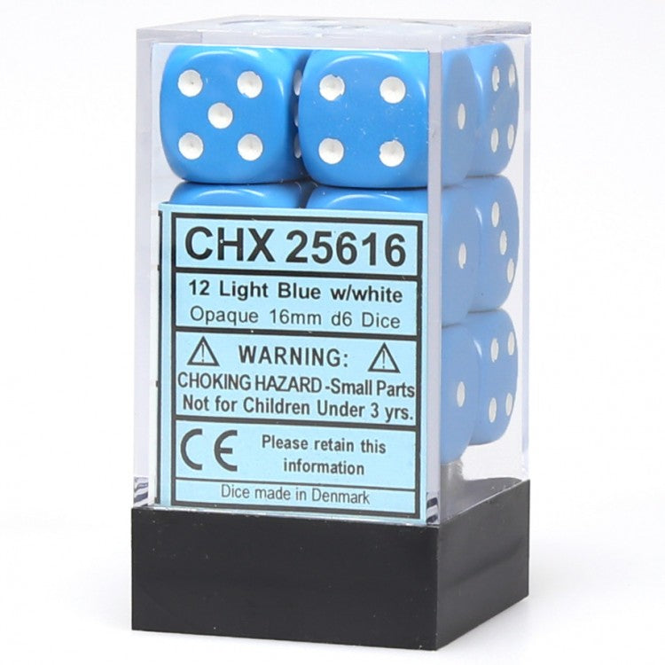 CHX 25616 Light Blue / White Opaque 16mm d6 Dice Block (12 Dice)