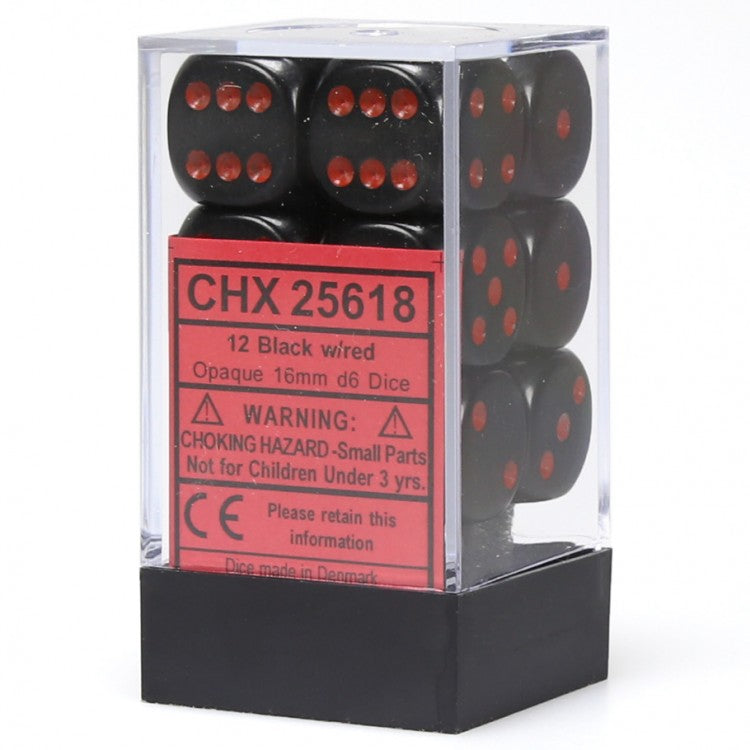 CHX 25618 Black / Red Opaque 16mm d6 Dice Block (12 Dice)