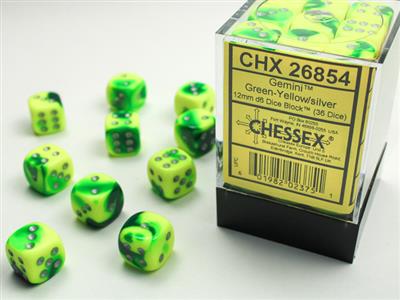 CHX 26854 Green Yellow/Silver Gemini 12mm d6 Dice Block (36 Dice)