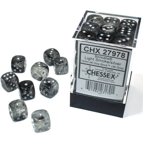 CHX 27978 Light Smoke/Silver Borealis 12mm d6 Dice Block (36 Dice)