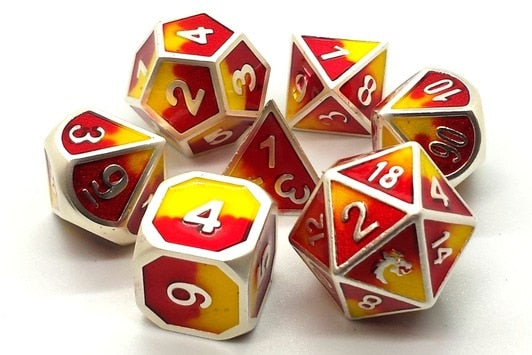 OSDMTL-28 Dragon Forged Platinum Red & Yellow Polyhedral 7 Die Set