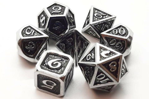 OSDMTL-61 Old School 7 Piece DnD RPG Metal Dice Set: Dragon Scale - Black
