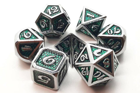 OSDMTL-63 Old School 7 Piece DnD RPG Metal Dice Set: Dragon Scale - Green