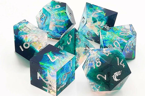 OSDSHP-06 Old School 7 Piece DnD RPG Dice Set: Sharp Edged - Emerald Forest