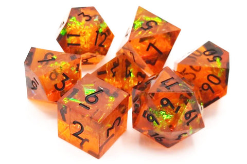 OSDSHP-09 Old School 7 Piece DnD RPG Dice Set: Sharp Edged - Exploding Pumpkins