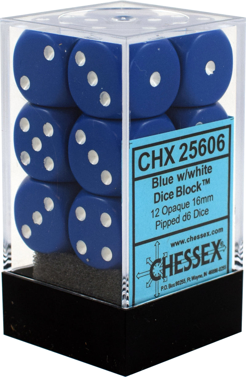 CHX 25606 Blue / White Opaque 16mm d6 Dice Block (12 Dice)