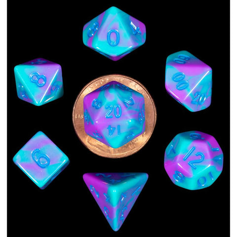 MET4172 MDG Mini Polyhedral Dice Set: Purple/Teal w/ Blue Numbers