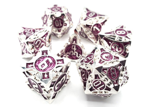 OSDMTL-123 Old School 7 Piece DnD RPG Metal Dice Set: Gnome Forged - Silver w/ Purple