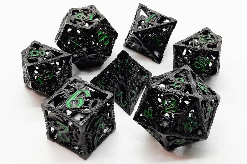 OSDMTL-74 Hollow Dice - Black & Green Polyhedral 7 Die Set