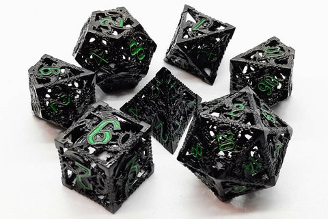 OSDMTL-74 Hollow Dice - Black & Green Polyhedral 7 Die Set