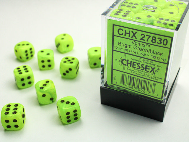 CHX 27830 Bright Green/Black Vortex 12mm d6 Dice Block (36 Dice)