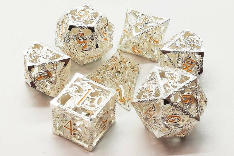 OSDMTL-80 Hollow Dice - Silver w/ Yellow Polyhedral 7 Die Set