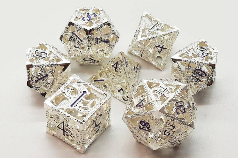 OSDMTL-79 Hollow Dice - Silver w/ Purple Polyhedral 7 Die Set