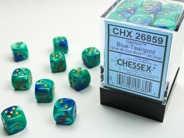 CHX 26859 Blue Teal/Gold Gemini 12mm d6 Dice Block (36 Dice)