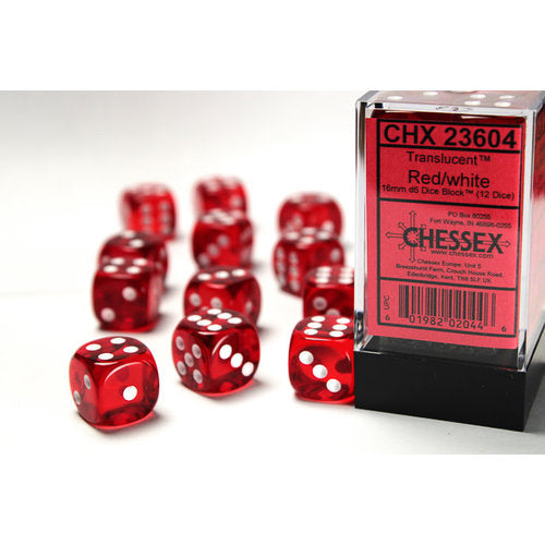 CHX 23604  Red/White Translucent 16mm d6 Dice Block (12 Dice)
