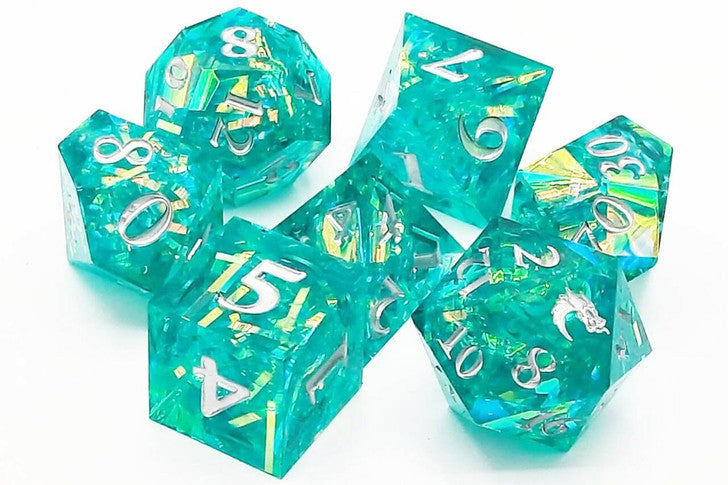 OSDSHP-16 Old School 7 Piece DnD RPG Dice Set: Sharp Edged - Jade Blast