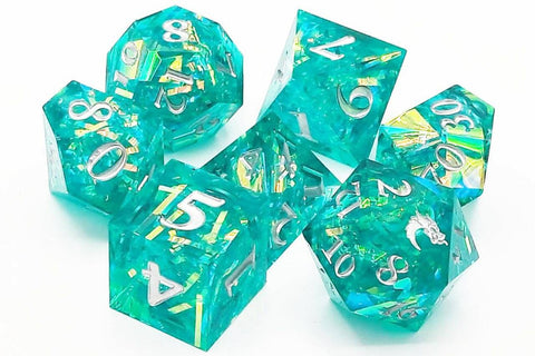 OSDSHP-16 Old School 7 Piece DnD RPG Dice Set: Sharp Edged - Jade Blast
