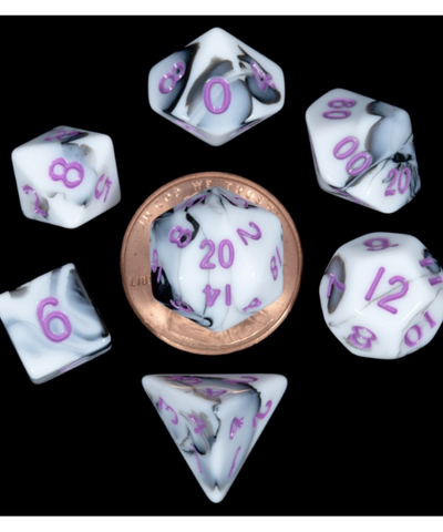 MET41037 MDG Mini Polyhedral Dice Set: Marble w/ Purple Numbers
