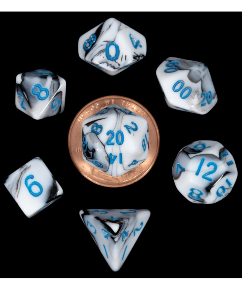 MET41032 MDG Mini Polyhedral Dice Set: Marble w/ Blue Numbers