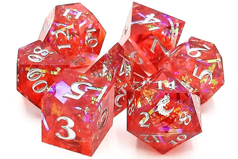 OSDSHP-17 Old School 7 Piece DnD RPG Dice Set: Sharp Edged - Red Ruby Blast