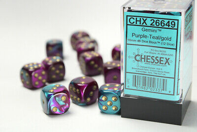CHX 26649 Purple Teal/Gold Gemini 16mm d6 Dice Block (12 Dice)