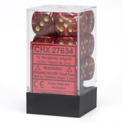 CHX 27634 Burgundy / Gold Vortex 16mm d6 Dice Block (12 Dice)